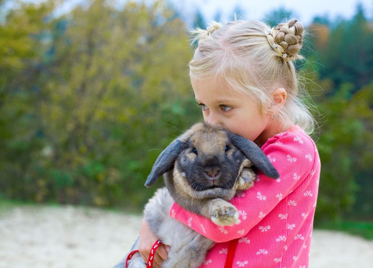 Girl holding her small pet rabbit close whilst giving it a kiss on the head in the park